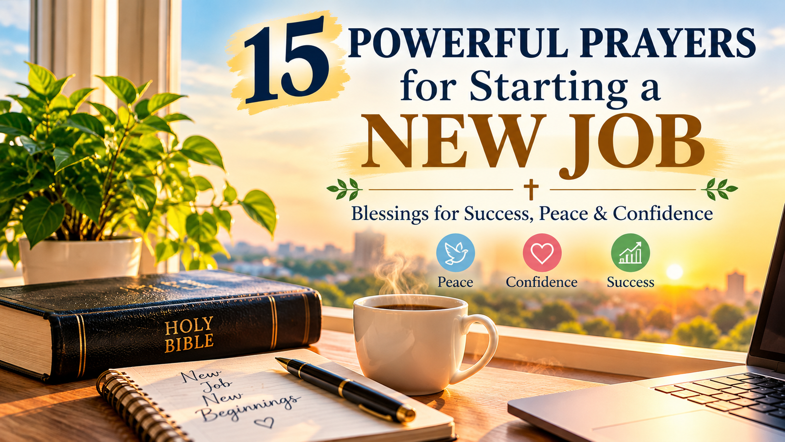 15 powerful prayers for starting a new job with Bible, coffee and morning sunlight